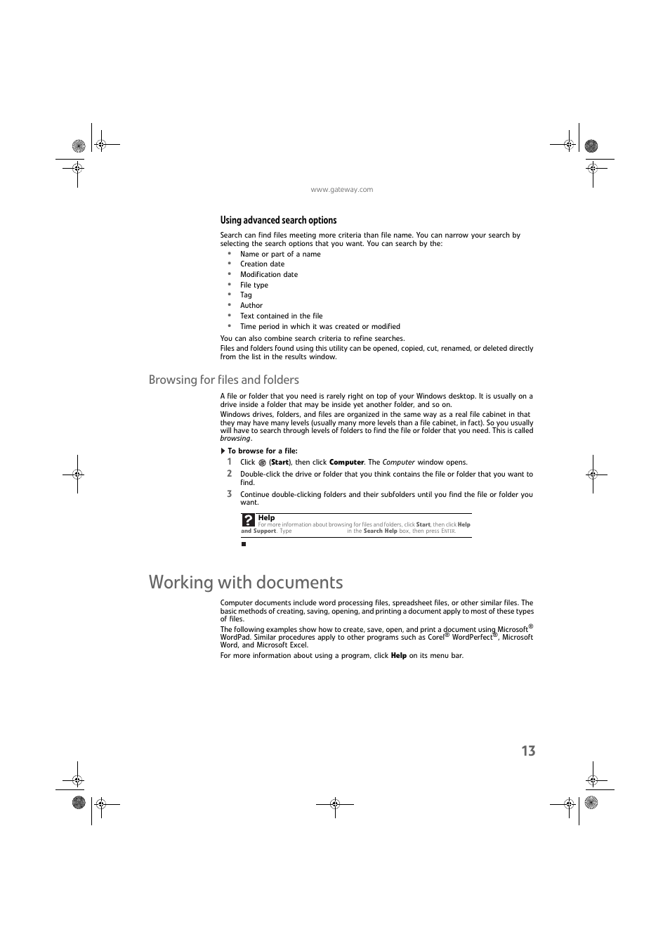 Using advanced search options, Browsing for files and folders, To browse for a file | Working with documents | Gateway DX430X User Manual | Page 19 / 96