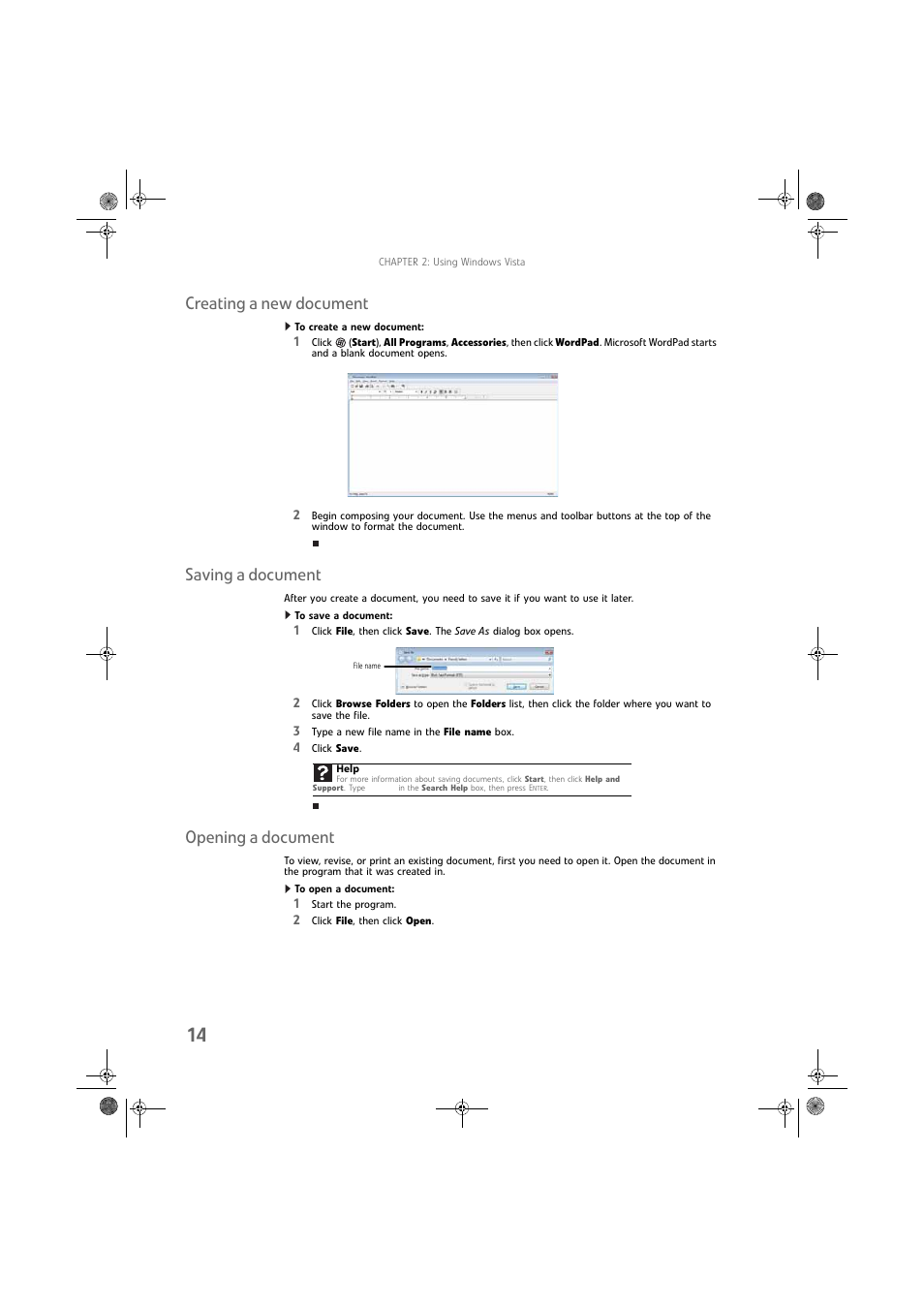 Creating a new document, To create a new document, Saving a document | To save a document, Opening a document, To open a document | Gateway DX430X User Manual | Page 20 / 96