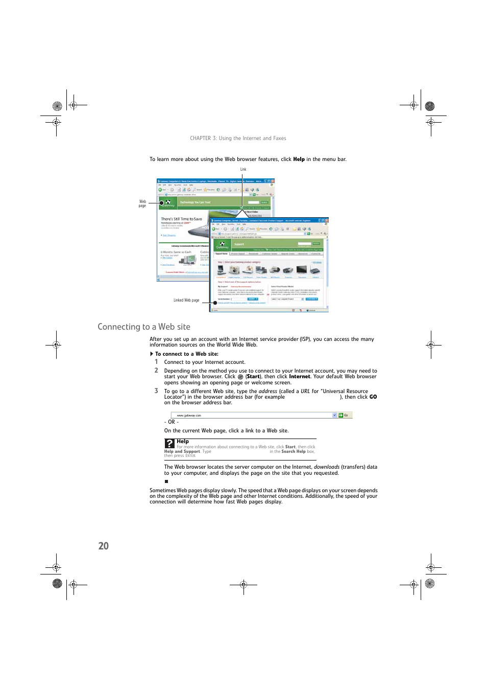 Connecting to a website, To connect to a web site, Connecting to a web site | Gateway DX430X User Manual | Page 26 / 96