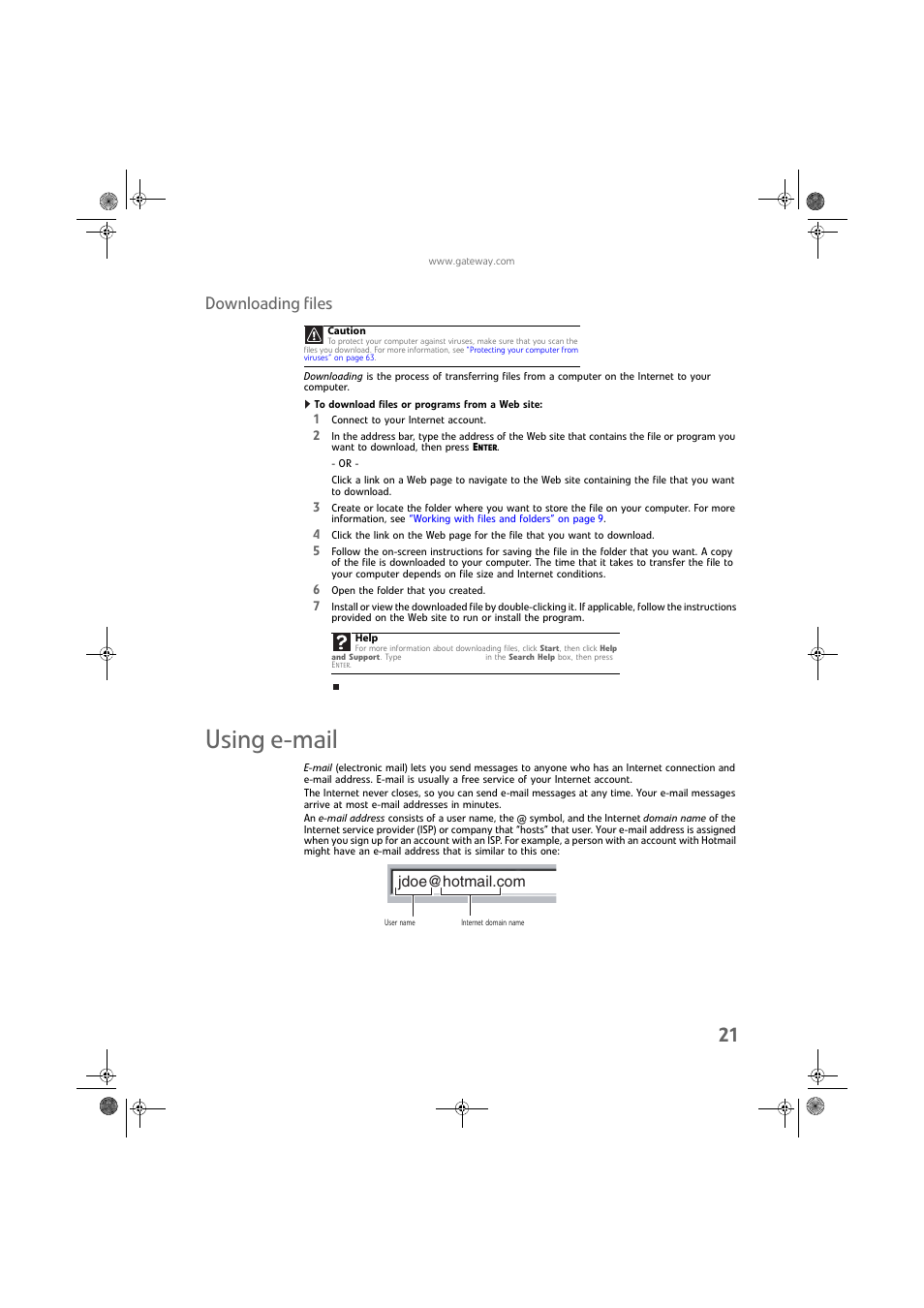 Downloading files, To download files or programs from a web site, Using e-mail | Gateway DX430X User Manual | Page 27 / 96