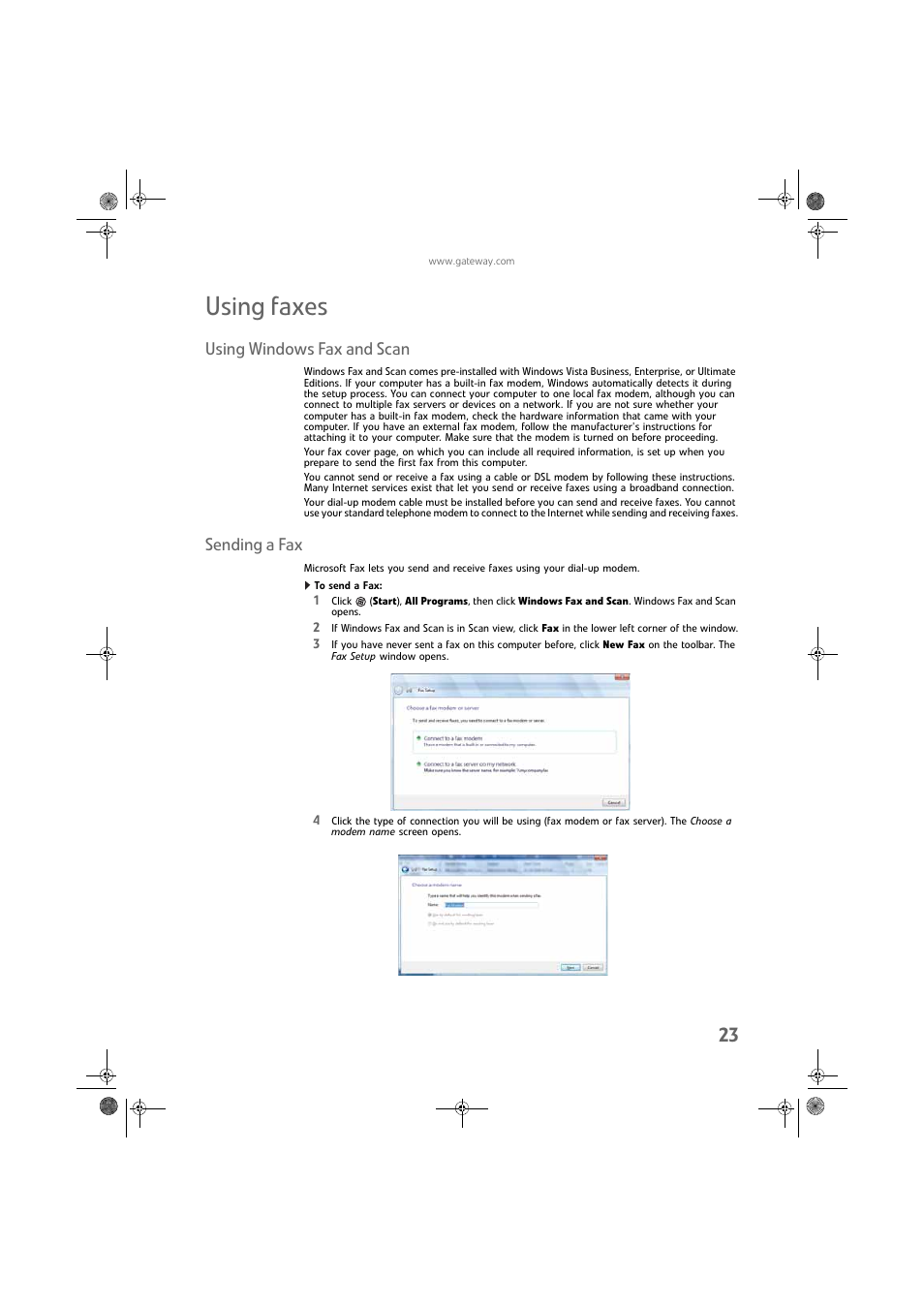 Using faxes, Using windows fax and scan, Sending a fax | To send a fax, Using windows fax and scan sending a fax | Gateway DX430X User Manual | Page 29 / 96