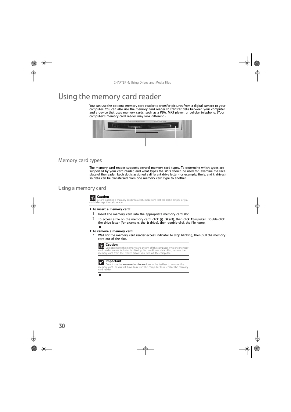 Using the memory card reader, Memory card types, Using a memory card | To insert a memory card, To remove a memory card | Gateway DX430X User Manual | Page 36 / 96