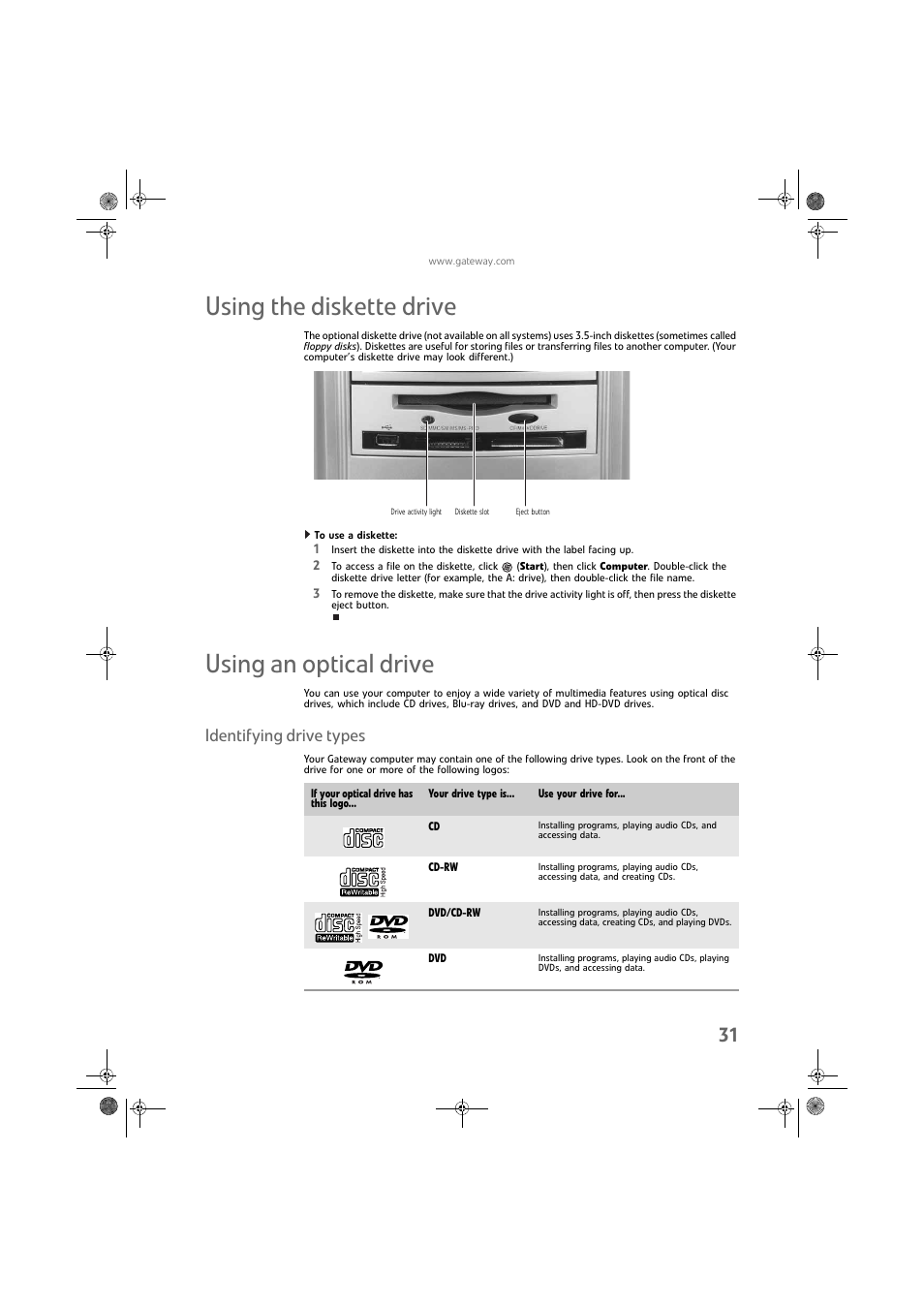 Using the diskette drive, To use a diskette, Using an optical drive | Identifying drive types, Using the diskette drive using an optical drive | Gateway DX430X User Manual | Page 37 / 96