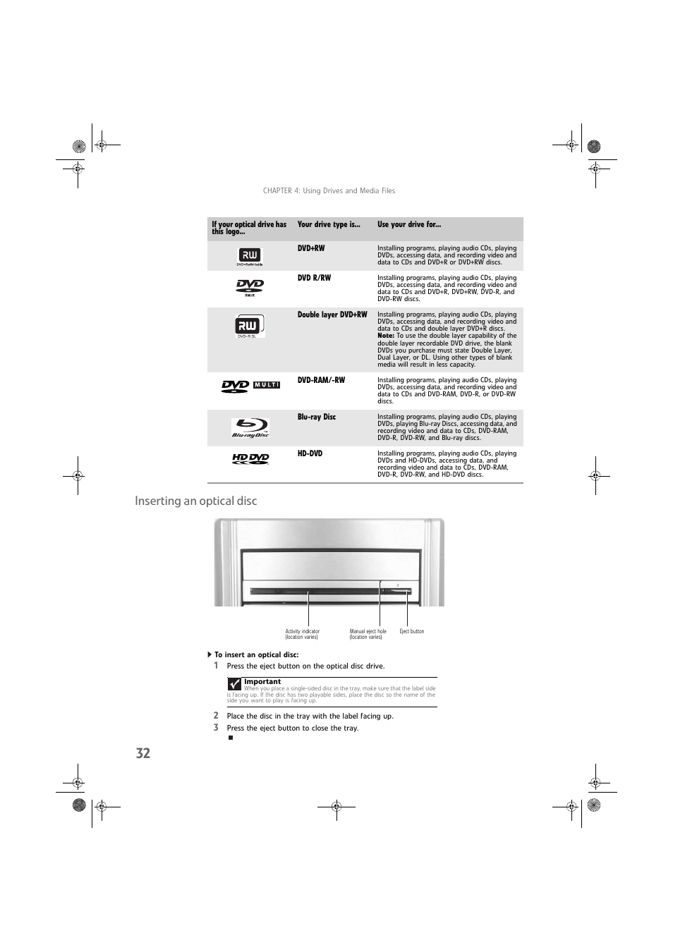 Inserting an optical disc, To insert an optical disc | Gateway DX430X User Manual | Page 38 / 96