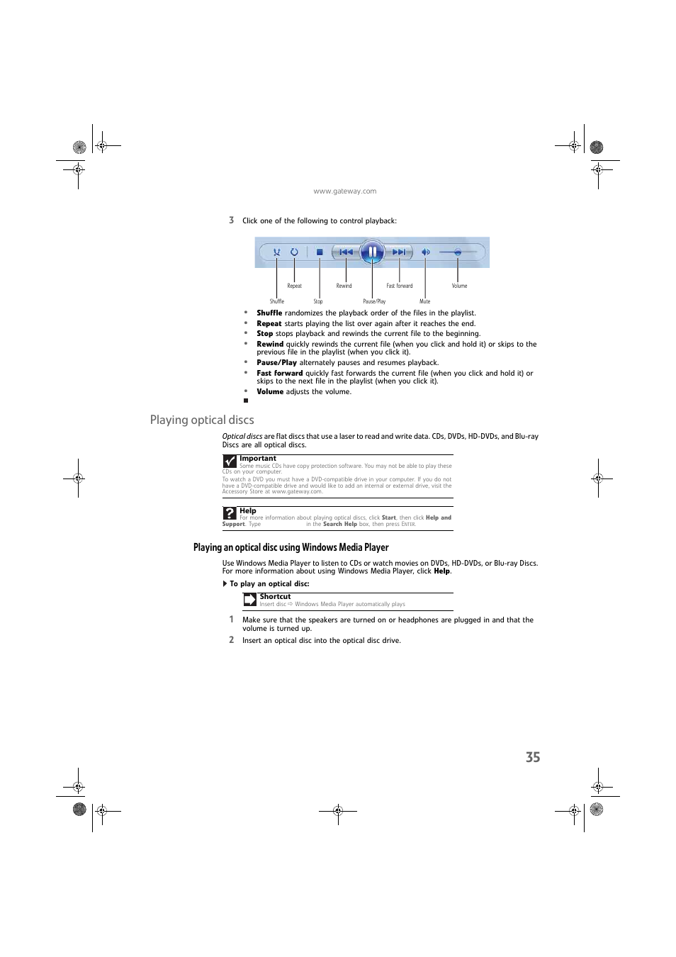 Playing optical discs, Playing an optical disc using windows media player, To play an optical disc | Gateway DX430X User Manual | Page 41 / 96