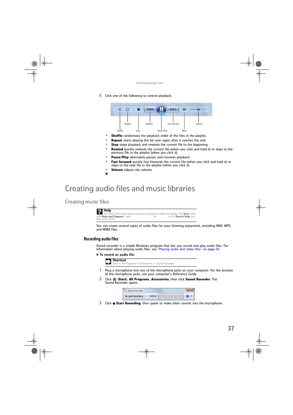 Creating audio files and music libraries, Creating music files, Recording audio files | To record an audio file | Gateway DX430X User Manual | Page 43 / 96