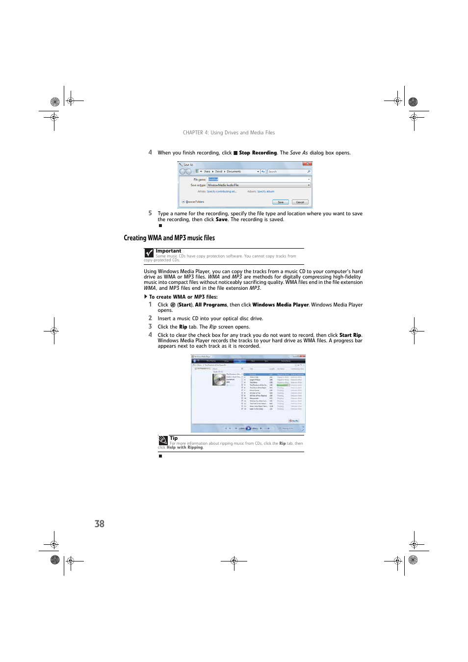 Creating wma and mp3 music files, To create wma or mp3 files | Gateway DX430X User Manual | Page 44 / 96