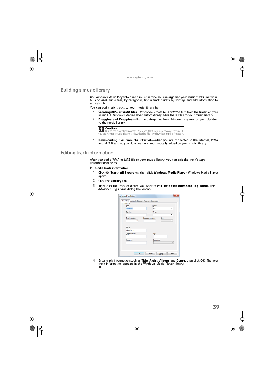 Building a music library, Editing track information, To edit track information | Building a music library editing track information | Gateway DX430X User Manual | Page 45 / 96
