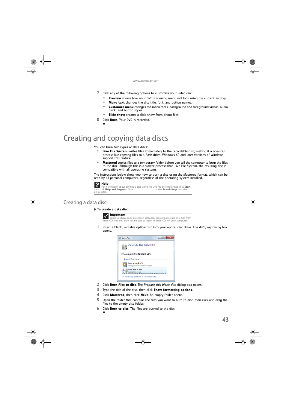 Creating and copying data discs, Creating a data disc, To create a data disc | Creating | Gateway DX430X User Manual | Page 49 / 96