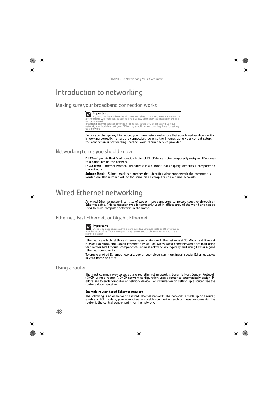 Introduction to networking, Making sure your broadband connection works, Networking terms you should know | Wired ethernet networking, Ethernet, fast ethernet, or gigabit ethernet, Using a router, Example router-based ethernet network | Gateway DX430X User Manual | Page 54 / 96