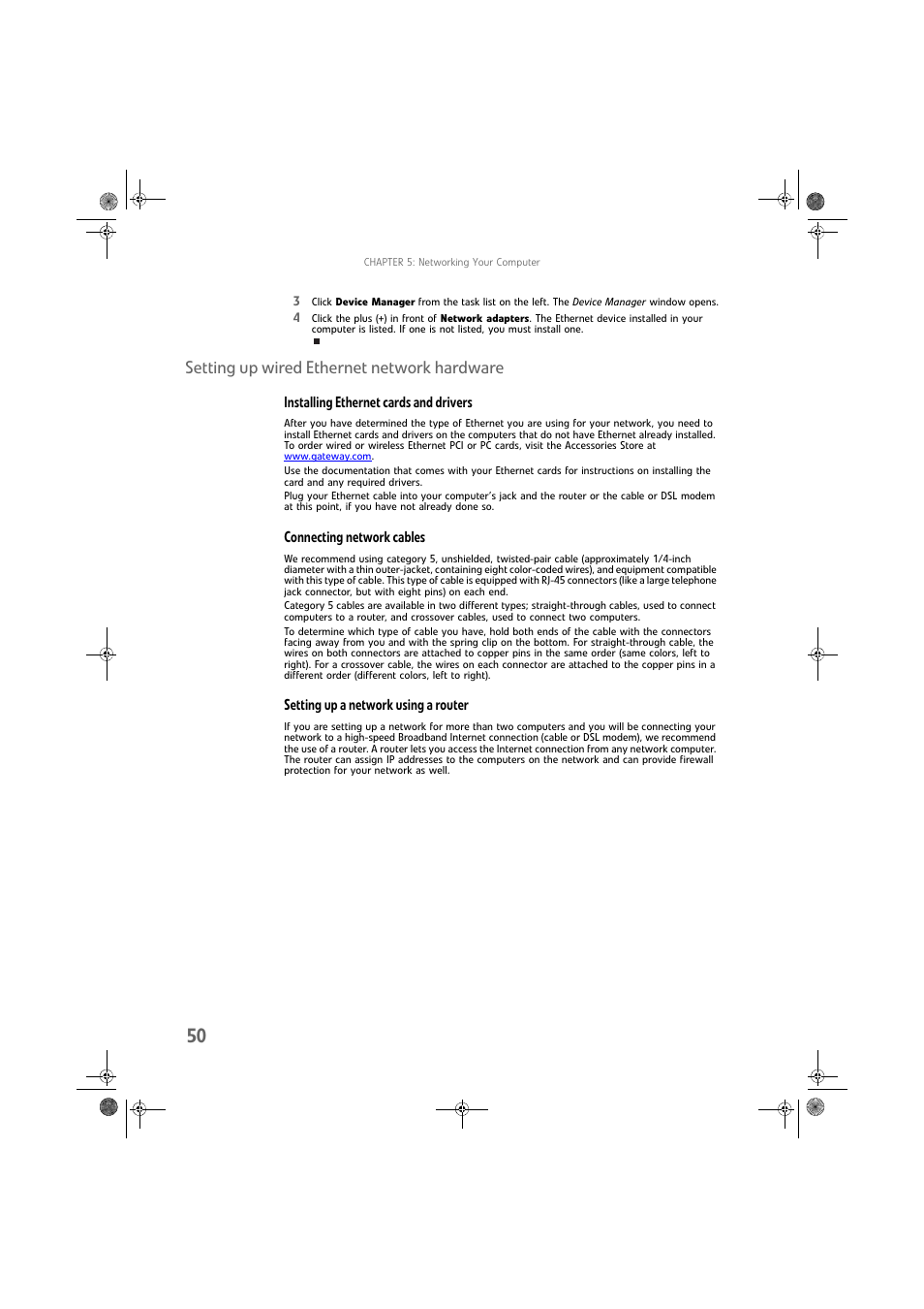Setting up wired ethernet network hardware, Installing ethernet cards and drivers, Connecting network cables | Setting up a network using a router | Gateway DX430X User Manual | Page 56 / 96