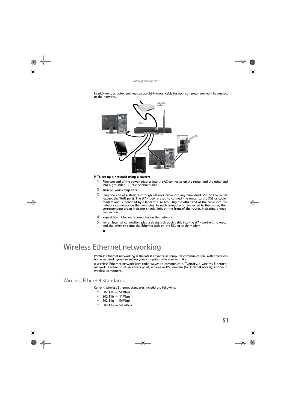 To set up a network using a router, Wireless ethernet networking, Wireless ethernet standards | Gateway DX430X User Manual | Page 57 / 96