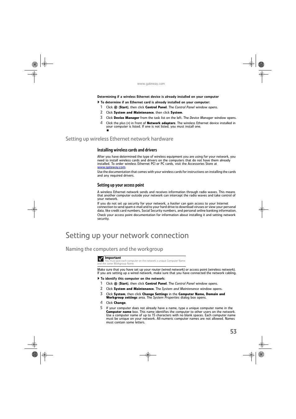 Setting up wireless ethernet network hardware, Installing wireless cards and drivers, Setting up your access point | Setting up your network connection, Naming the computers and the workgroup, To identify this computer on the network | Gateway DX430X User Manual | Page 59 / 96