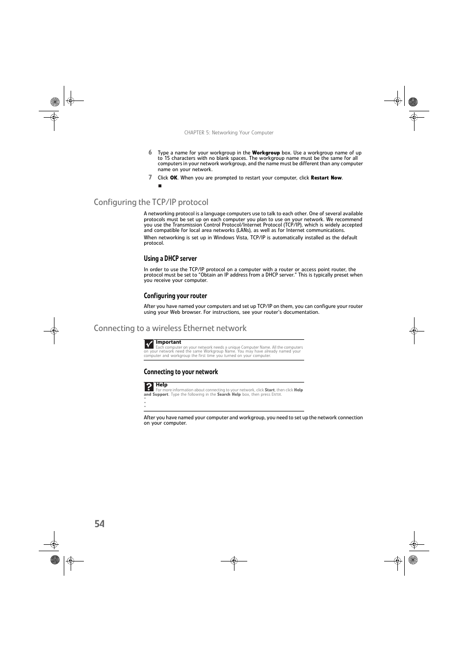 Configuring the tcp/ip protocol, Using a dhcp server, Configuring your router | Connecting to a wireless ethernet network, Connecting to your network | Gateway DX430X User Manual | Page 60 / 96