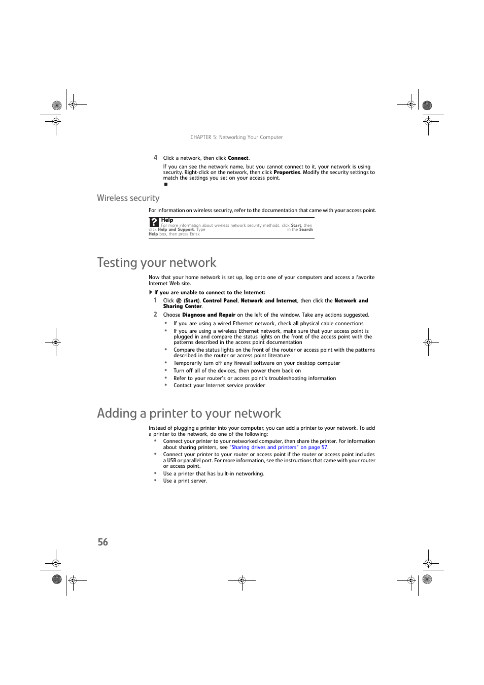 Wireless security, Testing your network, If you are unable to connect to the internet | Adding a printer to your network | Gateway DX430X User Manual | Page 62 / 96