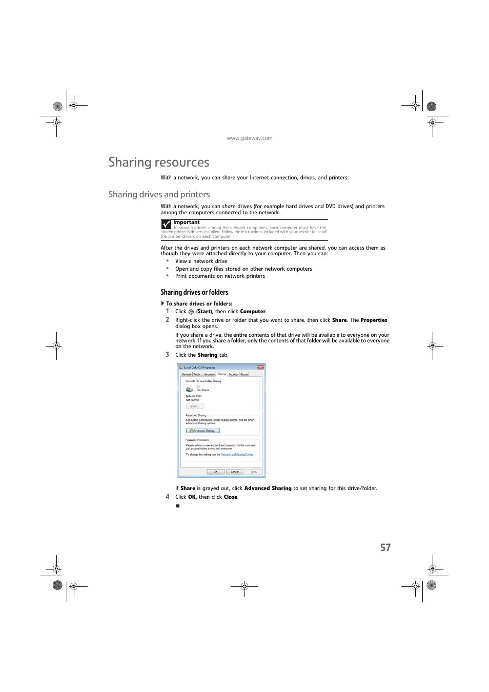 Sharing resources, Sharing drives and printers, Sharing drives or folders | To share drives or folders | Gateway DX430X User Manual | Page 63 / 96