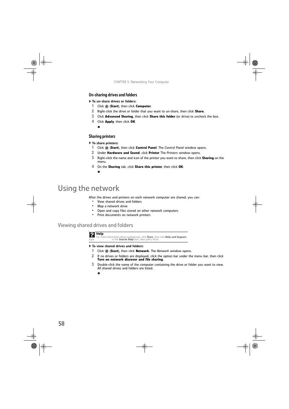 Un-sharing drives and folders, To un-share drives or folders, Sharing printers | To share printers, Using the network, Viewing shared drives and folders, To view shared drives and folders | Gateway DX430X User Manual | Page 64 / 96