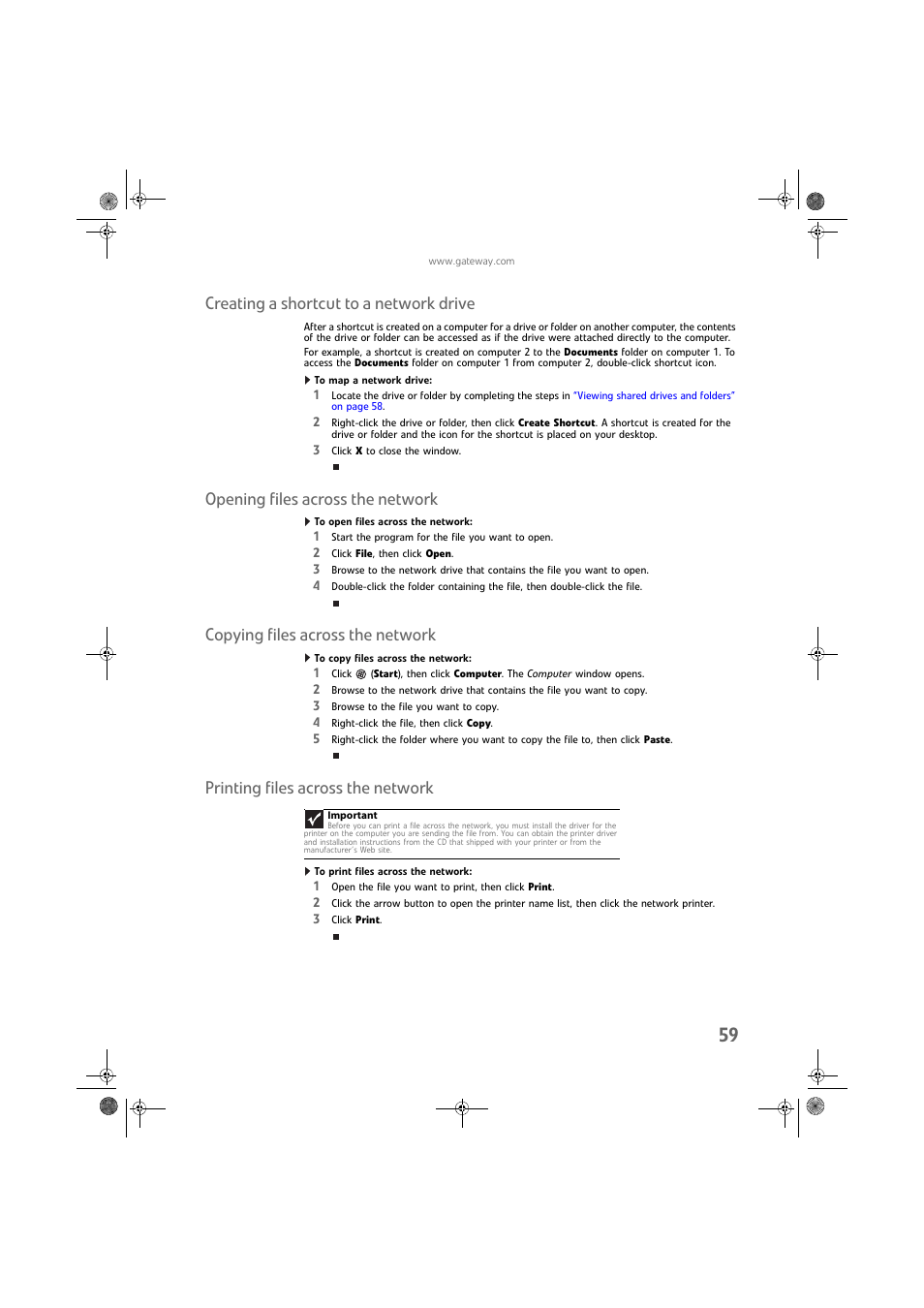 Creating a shortcut to a network drive, To map a network drive, Opening files across the network | To open files across the network, Copying files across the network, To copy files across the network, Printing files across the network, To print files across the network | Gateway DX430X User Manual | Page 65 / 96