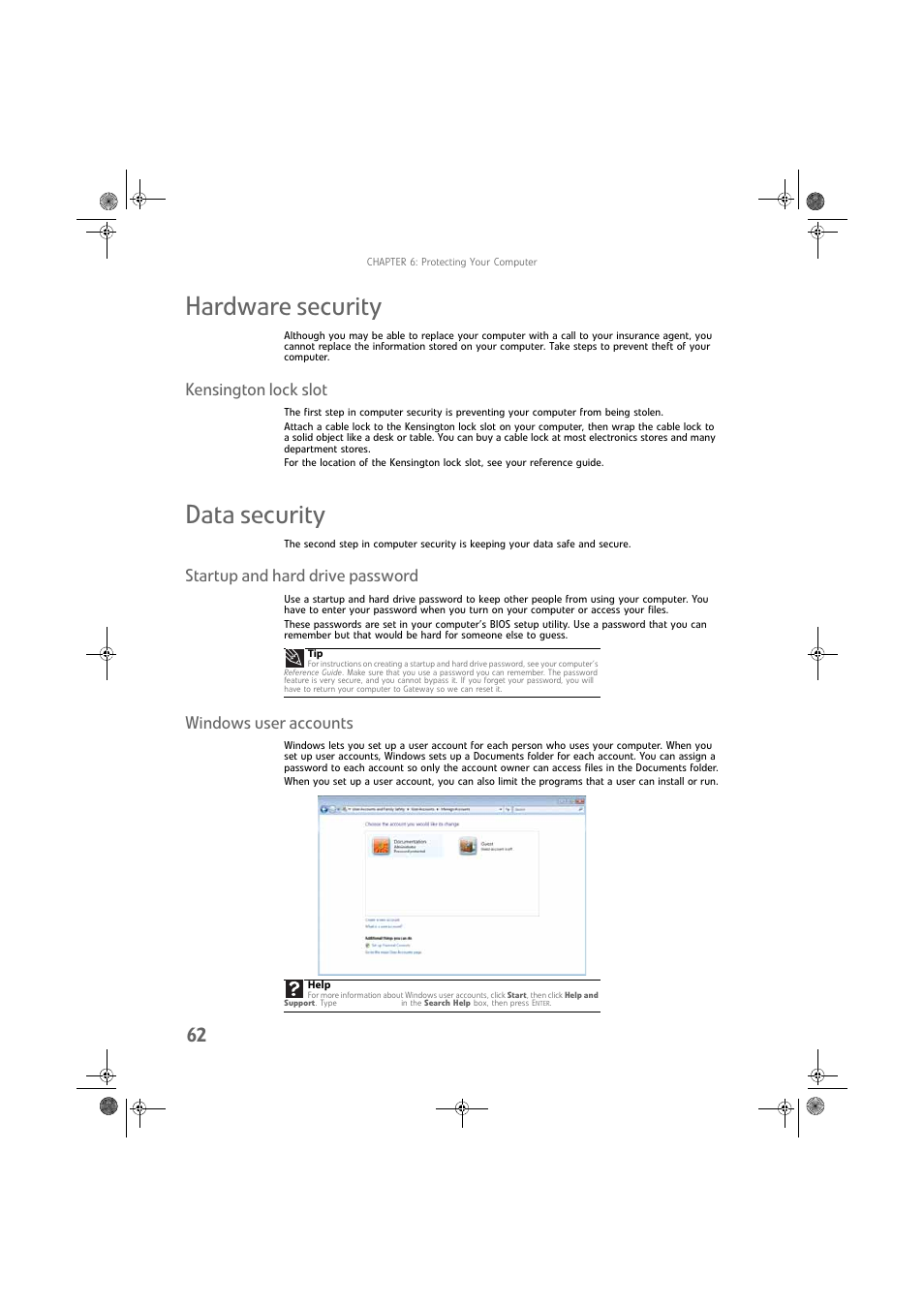 Hardware security, Kensington lock slot, Data security | Startup and hard drive password, Windows user accounts | Gateway DX430X User Manual | Page 68 / 96