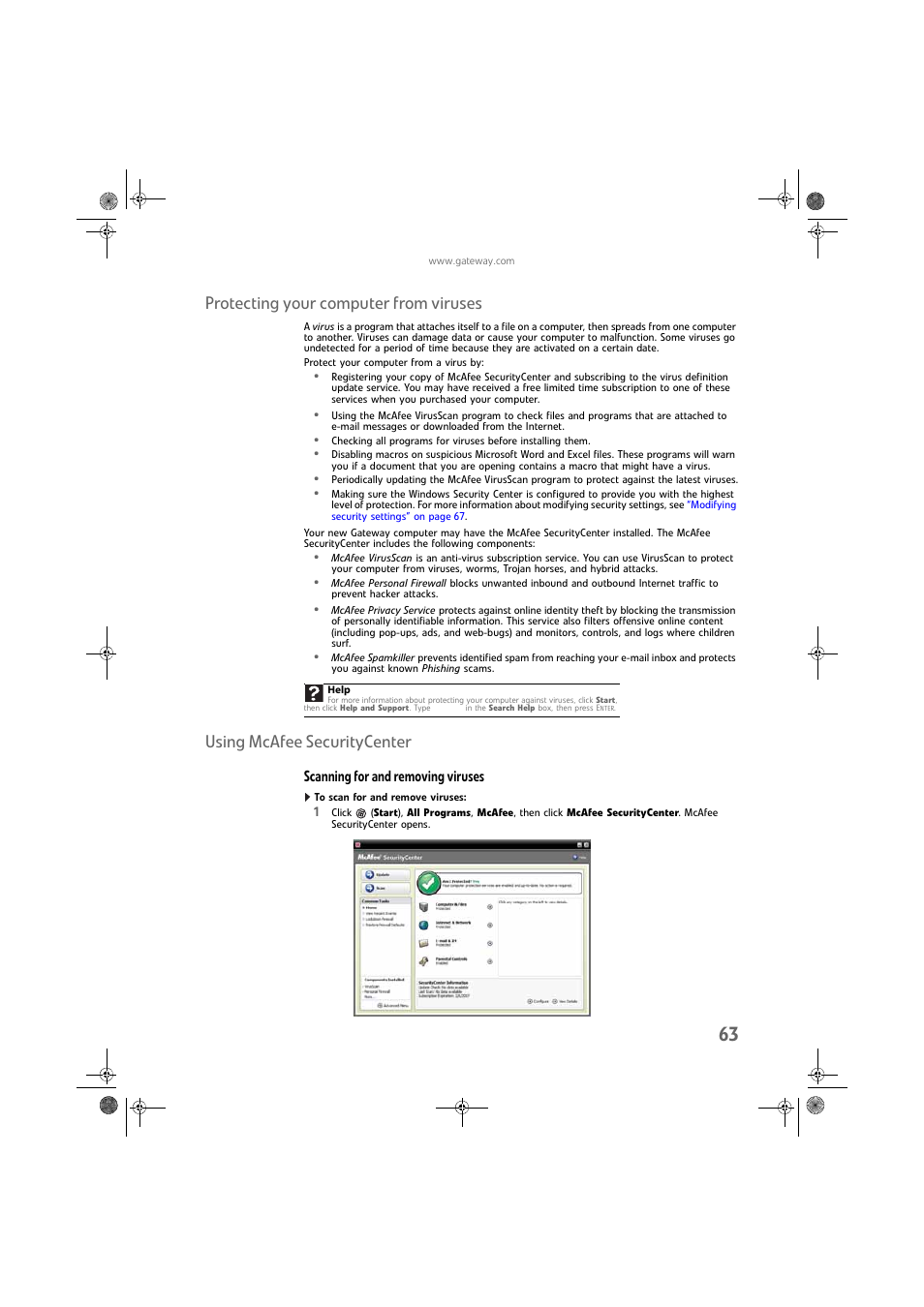 Protecting your computer from viruses, Using mcafee securitycenter, Scanning for and removing viruses | To scan for and remove viruses, Protecting your computer from | Gateway DX430X User Manual | Page 69 / 96