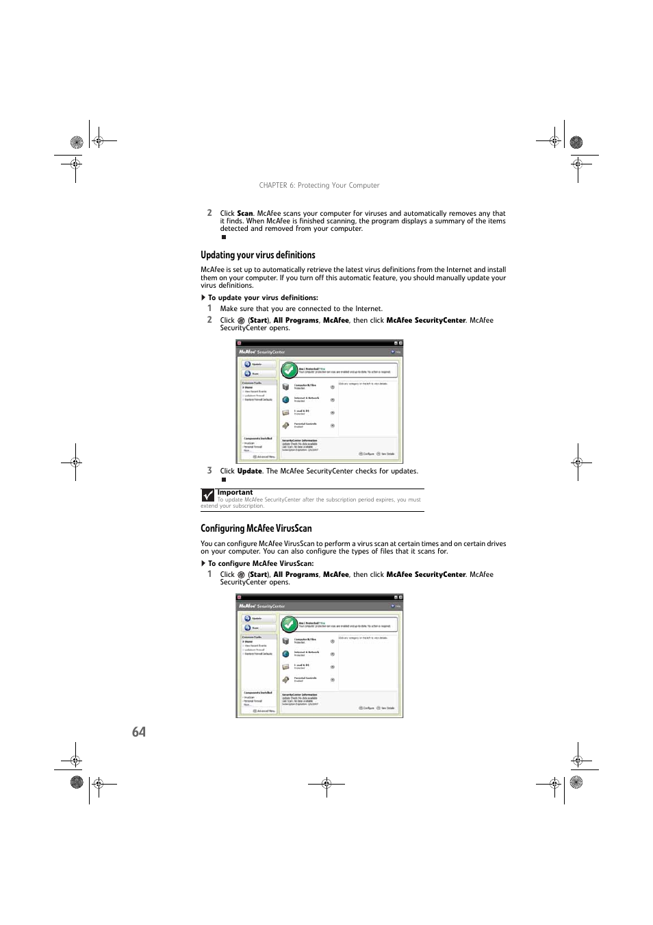 Updating your virus definitions, To update your virus definitions, Configuring mcafee virusscan | To configure mcafee virusscan | Gateway DX430X User Manual | Page 70 / 96