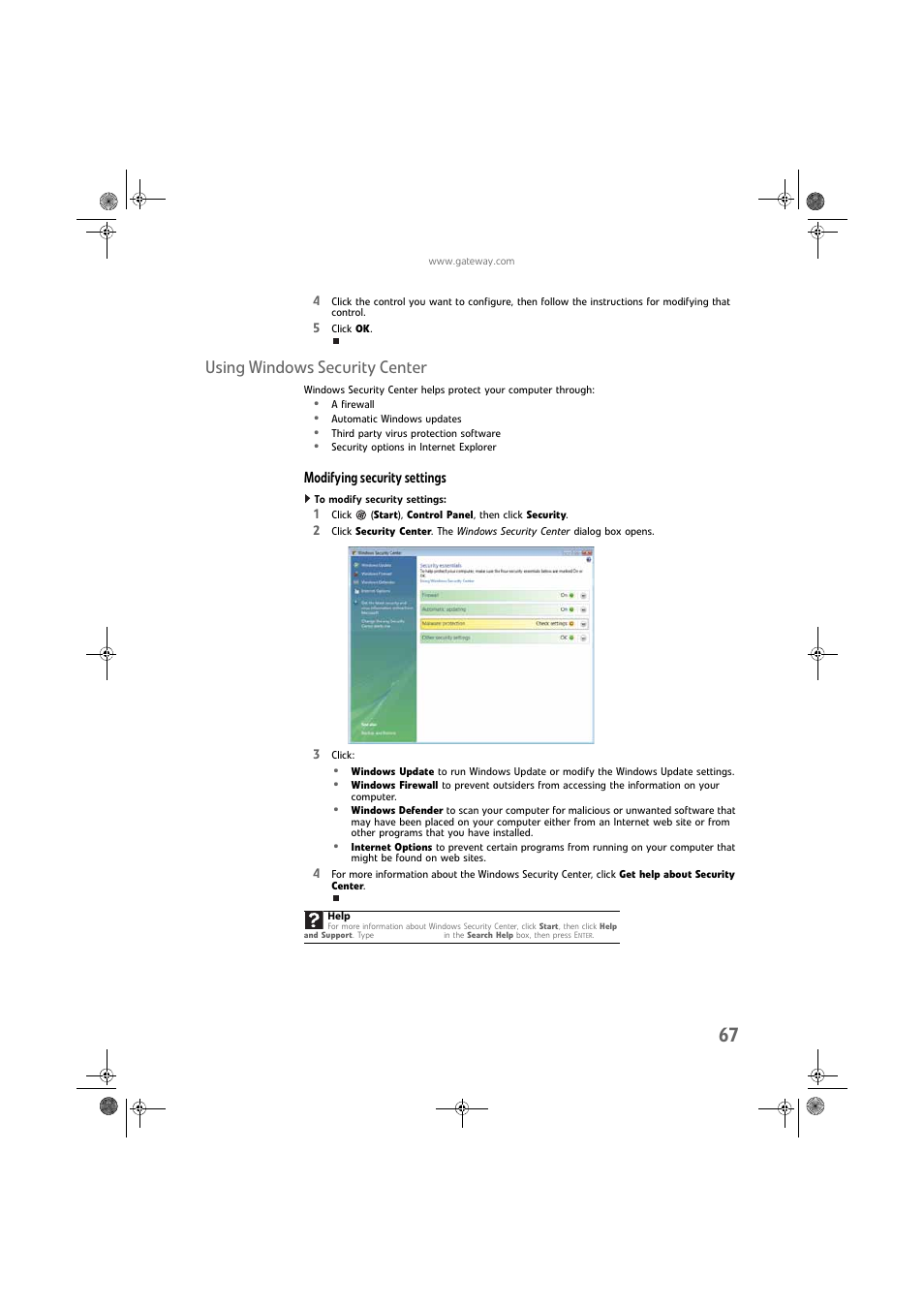 Using windows security center, Modifying security settings, To modify security settings | Gateway DX430X User Manual | Page 73 / 96