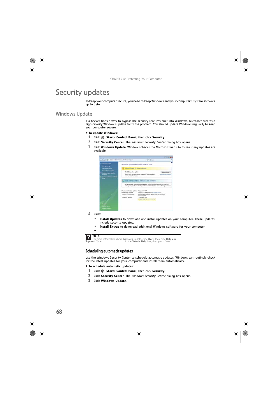 Security updates, Windows update, To update windows | Scheduling automatic updates, To schedule automatic updates | Gateway DX430X User Manual | Page 74 / 96