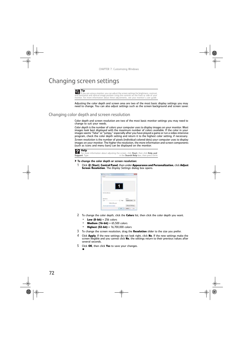 Changing screen settings, Changing color depth and screen resolution, To change the color depth or screen resolution | Gateway DX430X User Manual | Page 78 / 96