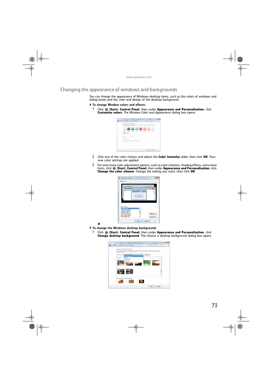 Changing the appearance of windows and backgrounds, To change window colors and effects, To change the windows desktop background | Gateway DX430X User Manual | Page 79 / 96