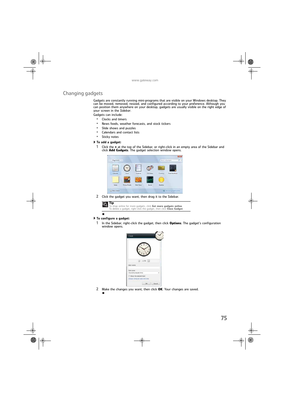 Changing gadgets, To add a gadget, To configure a gadget | Gateway DX430X User Manual | Page 81 / 96