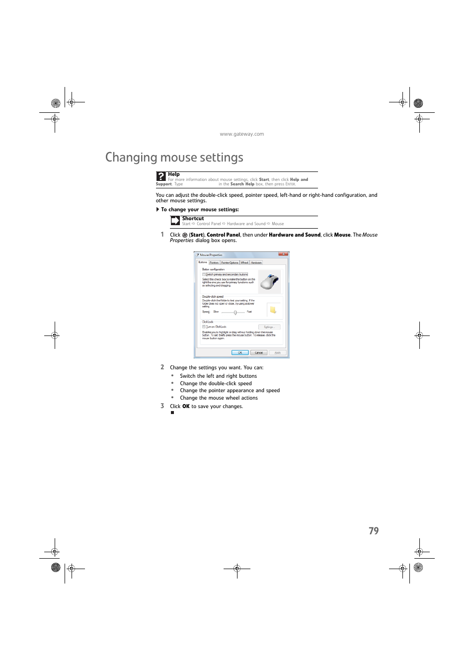 Changing mouse settings, To change your mouse settings | Gateway DX430X User Manual | Page 85 / 96