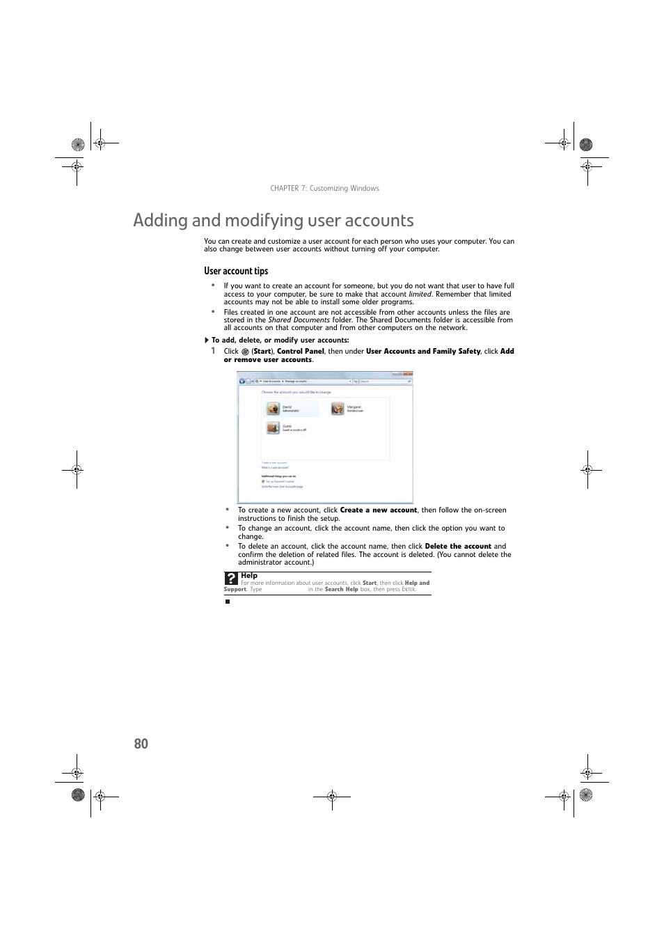 Adding and modifying user accounts, User account tips, To add, delete, or modify user accounts | Gateway DX430X User Manual | Page 86 / 96