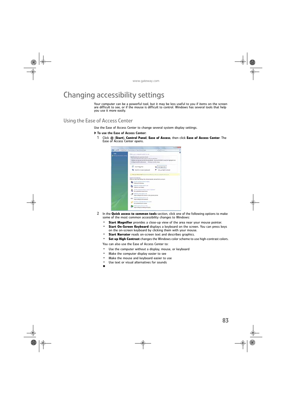 Changing accessibility settings, Using the ease of access center, To use the ease of access center | Gateway DX430X User Manual | Page 89 / 96