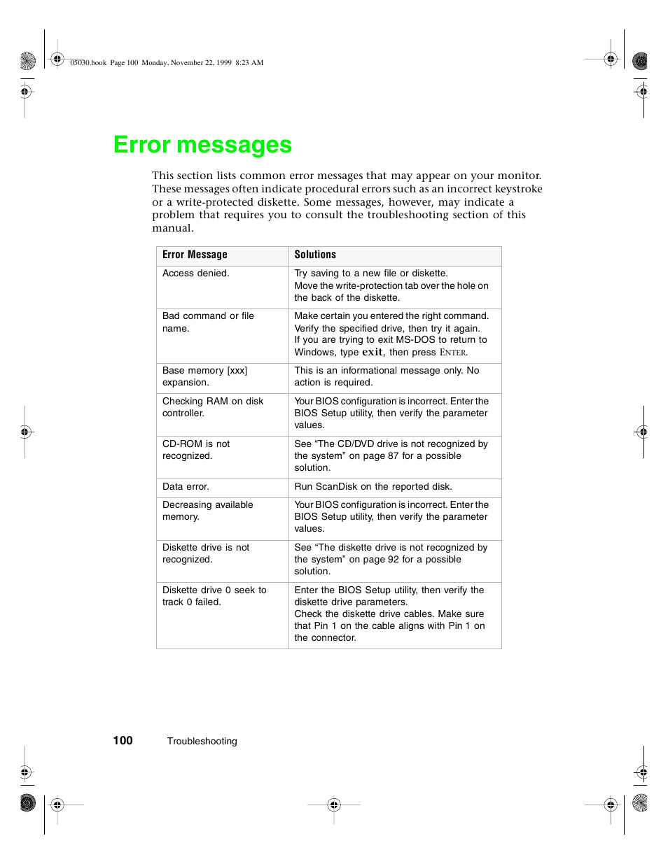 Error messages | Gateway E-5400 User Manual | Page 107 / 130