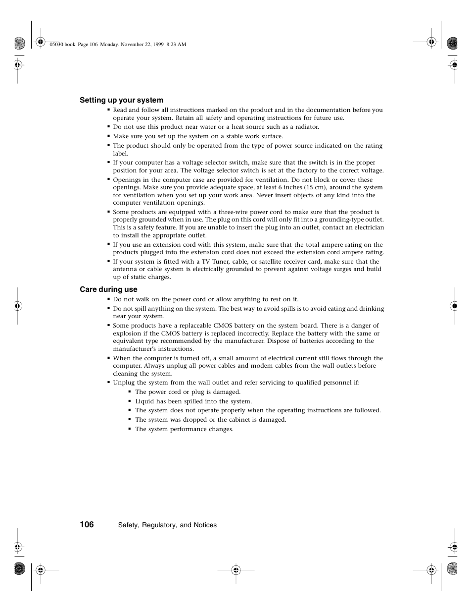 Setting up your system, Care during use, Safety, regulatory, and notices | Gateway E-5400 User Manual | Page 113 / 130