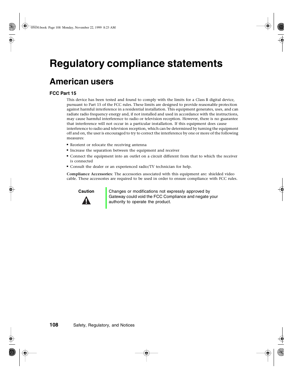 Regulatory compliance statements, American users, Fcc part15 | Gateway E-5400 User Manual | Page 115 / 130