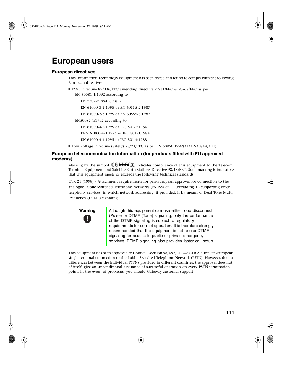 European users, European directives | Gateway E-5400 User Manual | Page 118 / 130