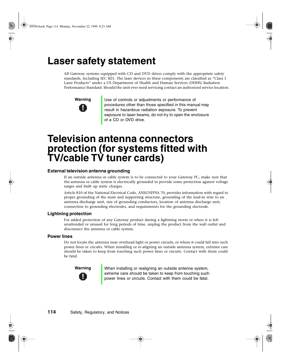 Laser safety statement, External television antenna grounding, Lightning protection | Power lines | Gateway E-5400 User Manual | Page 121 / 130