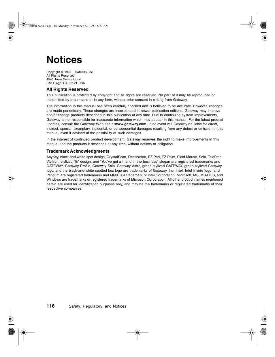 Notices, All rights reserved, Trademark acknowledgments | Gateway E-5400 User Manual | Page 123 / 130