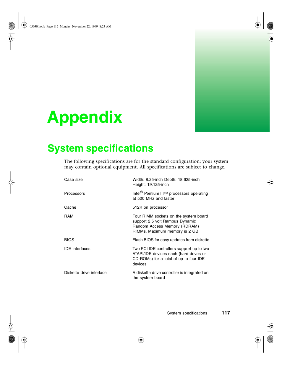 Appendix, System specifications | Gateway E-5400 User Manual | Page 124 / 130
