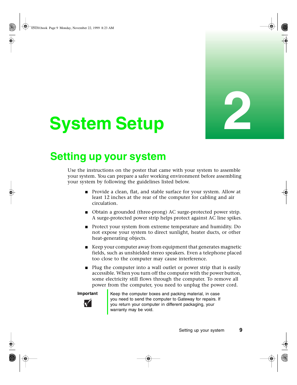 System setup, Setting up your system | Gateway E-5400 User Manual | Page 16 / 130