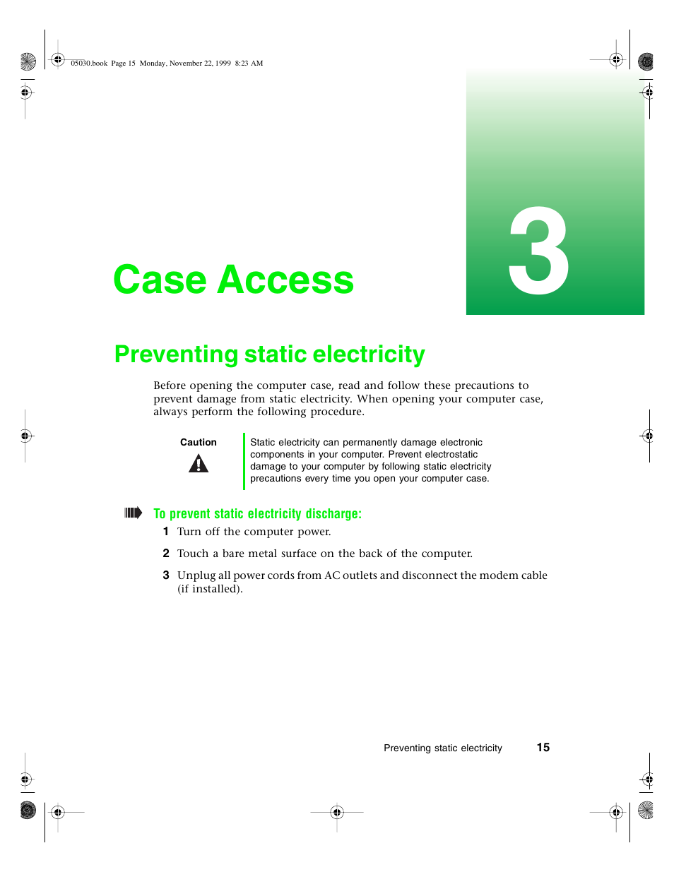 Case access, Preventing static electricity | Gateway E-5400 User Manual | Page 22 / 130