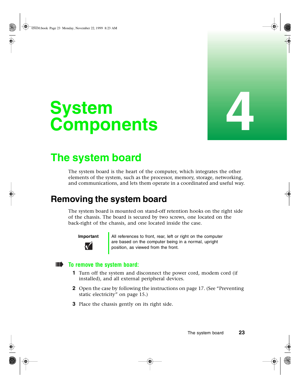 System components, The system board, Removing the system board | Gateway E-5400 User Manual | Page 30 / 130