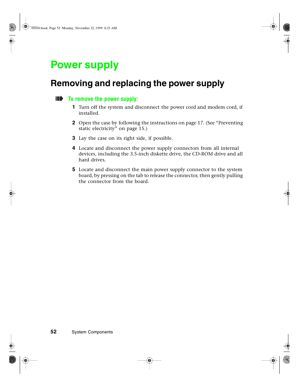 Power supply, Removing and replacing the power supply | Gateway E-5400 User Manual | Page 59 / 130