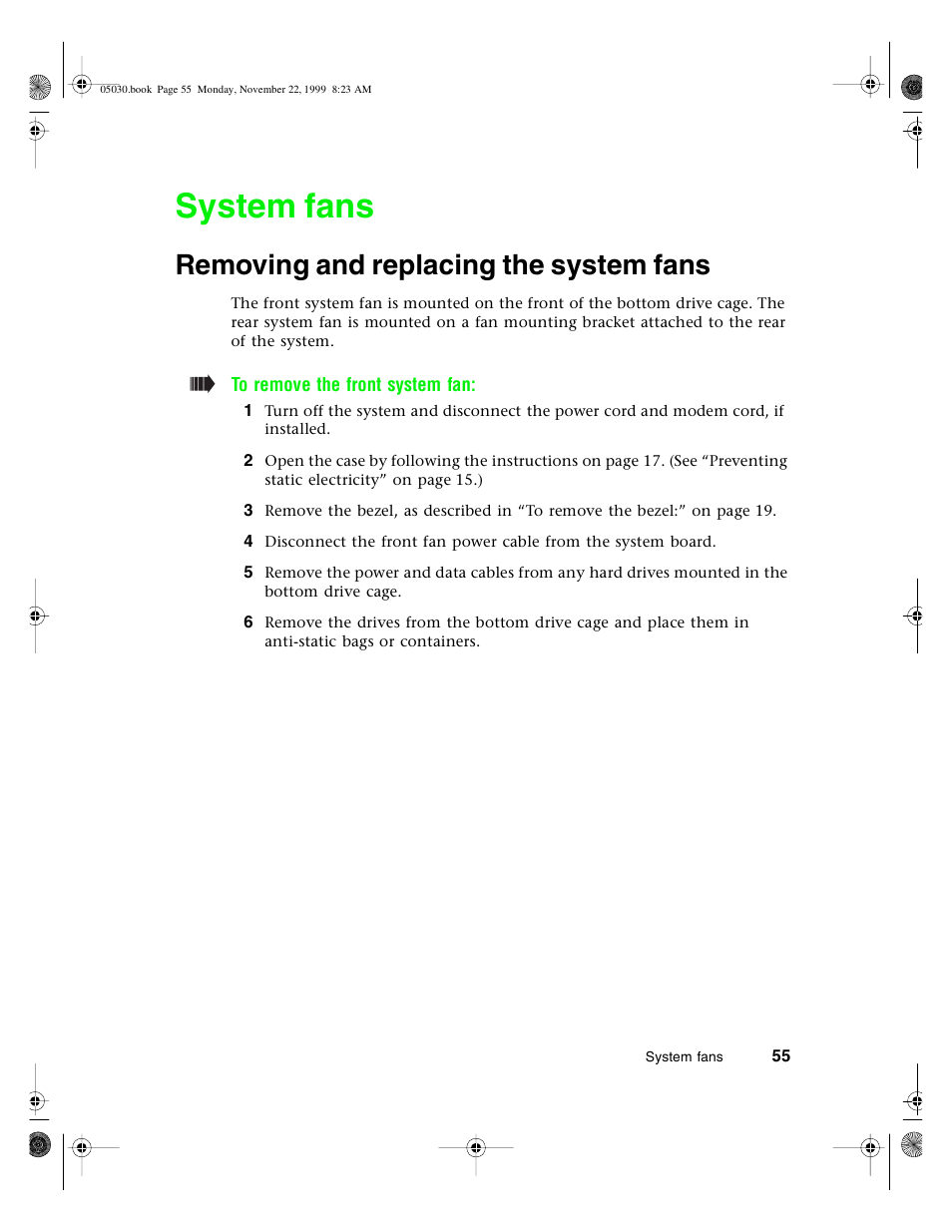 System fans, Removing and replacing the system fans | Gateway E-5400 User Manual | Page 62 / 130