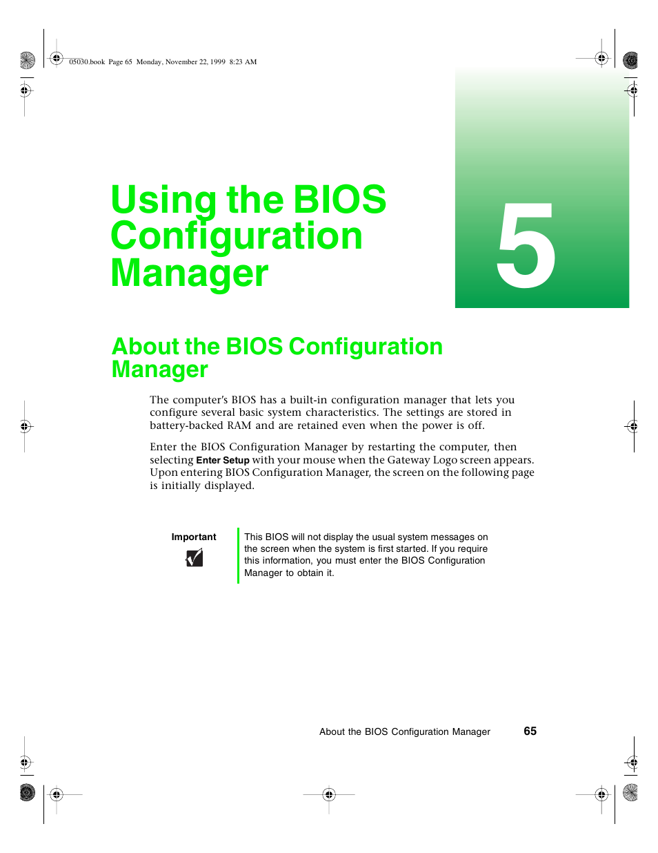 Using the bios configuration manager, About the bios configuration manager | Gateway E-5400 User Manual | Page 72 / 130