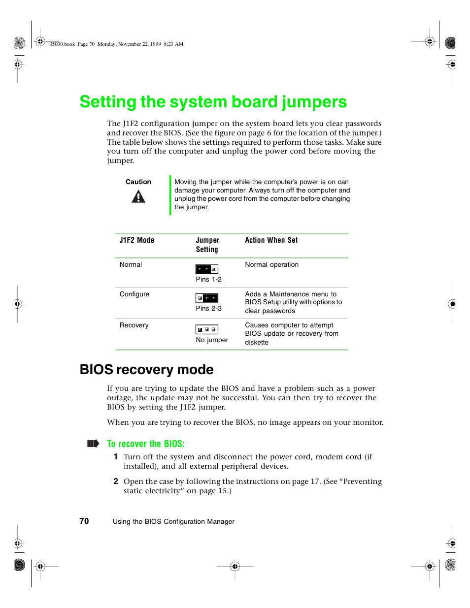 Setting the system board jumpers, Bios recovery mode | Gateway E-5400 User Manual | Page 77 / 130