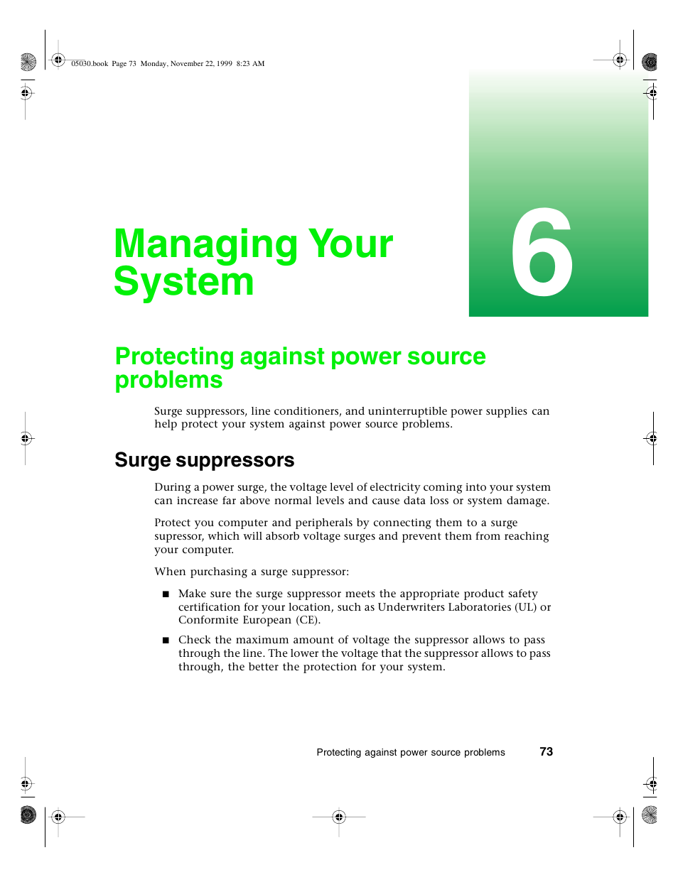 Managing your system, Protecting against power source problems, Surge suppressors | Gateway E-5400 User Manual | Page 80 / 130