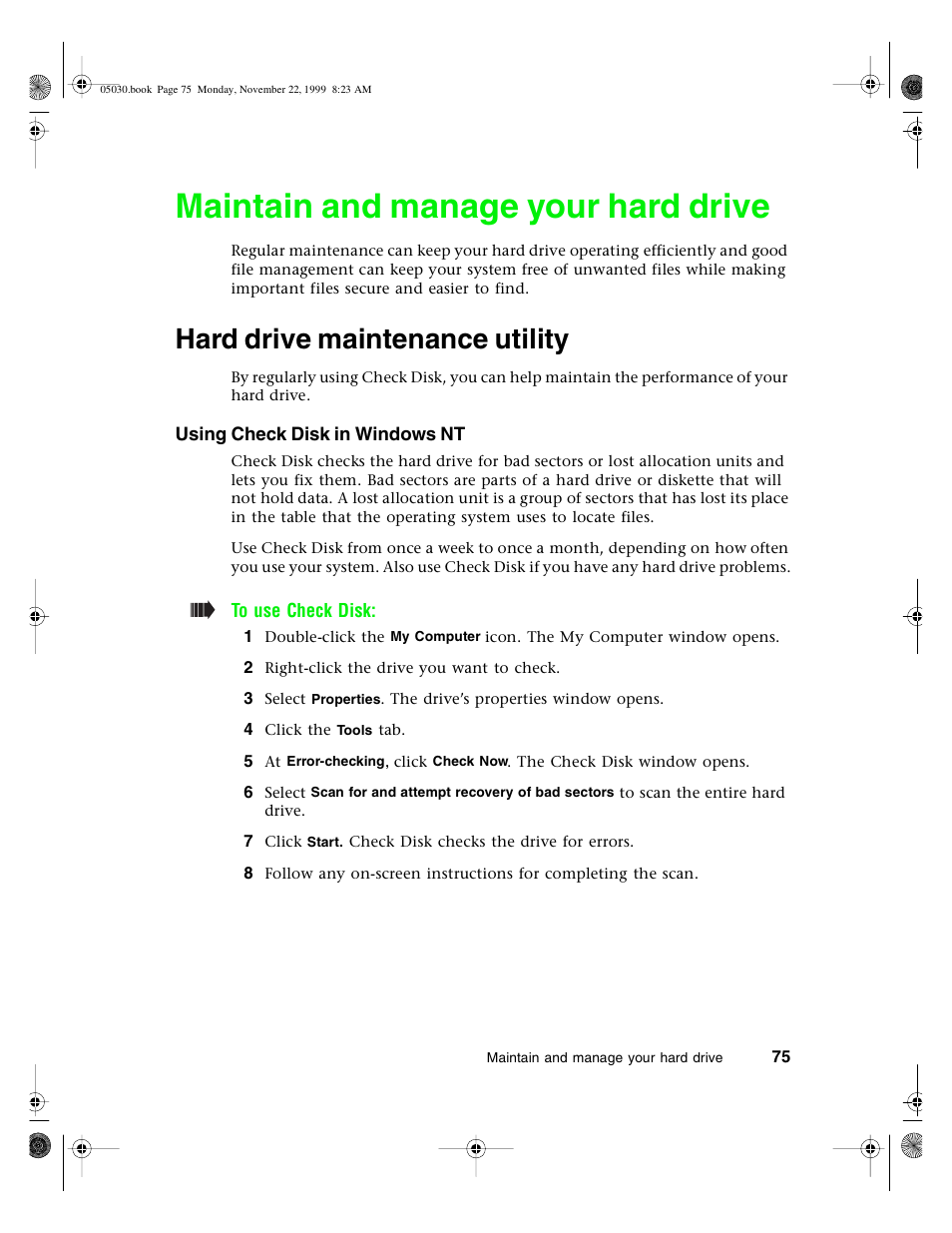 Maintain and manage your hard drive, Hard drive maintenance utility, Using check disk in windows nt | Gateway E-5400 User Manual | Page 82 / 130