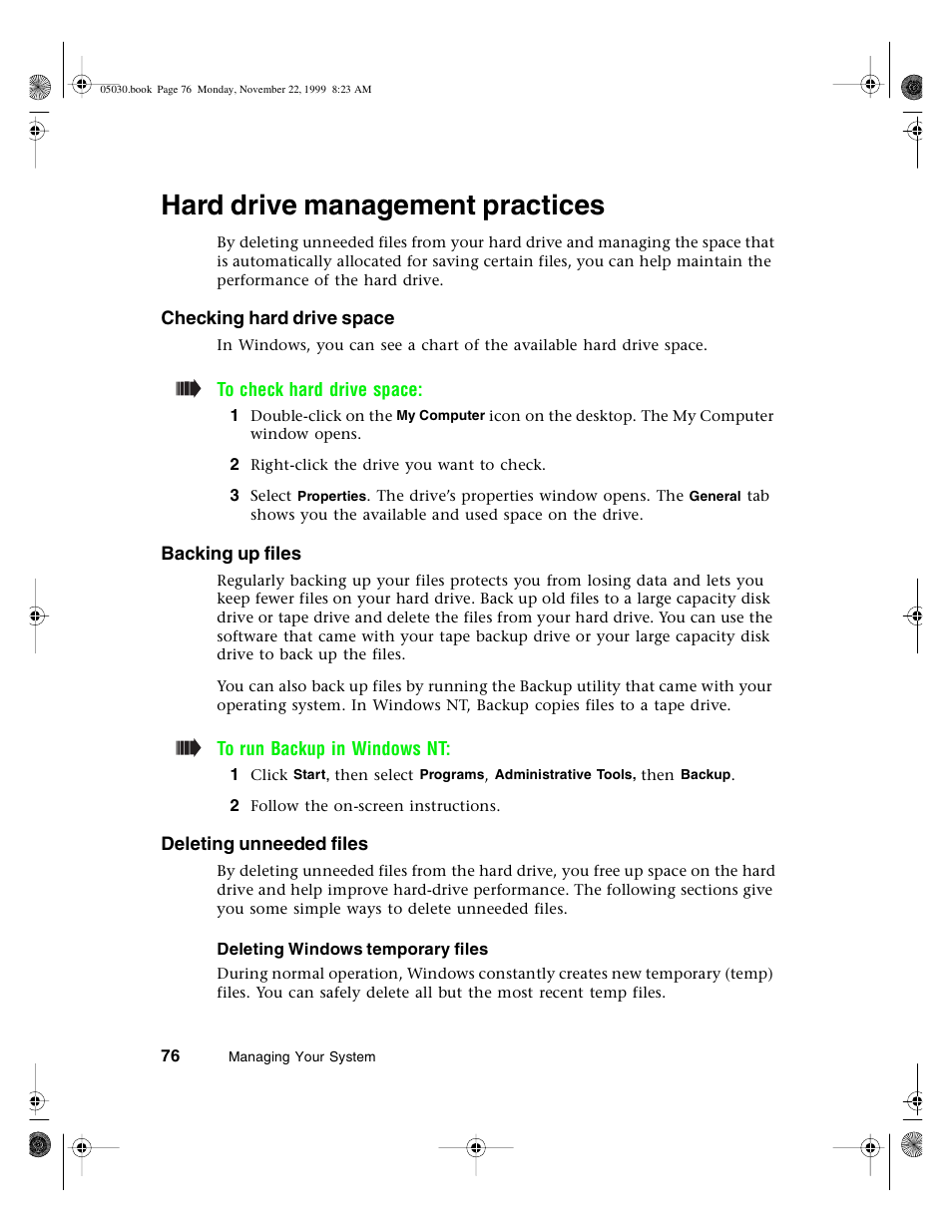 Hard drive management practices, Checking hard drive space, Backing up files | Deleting unneeded files, Deleting windows temporary files | Gateway E-5400 User Manual | Page 83 / 130